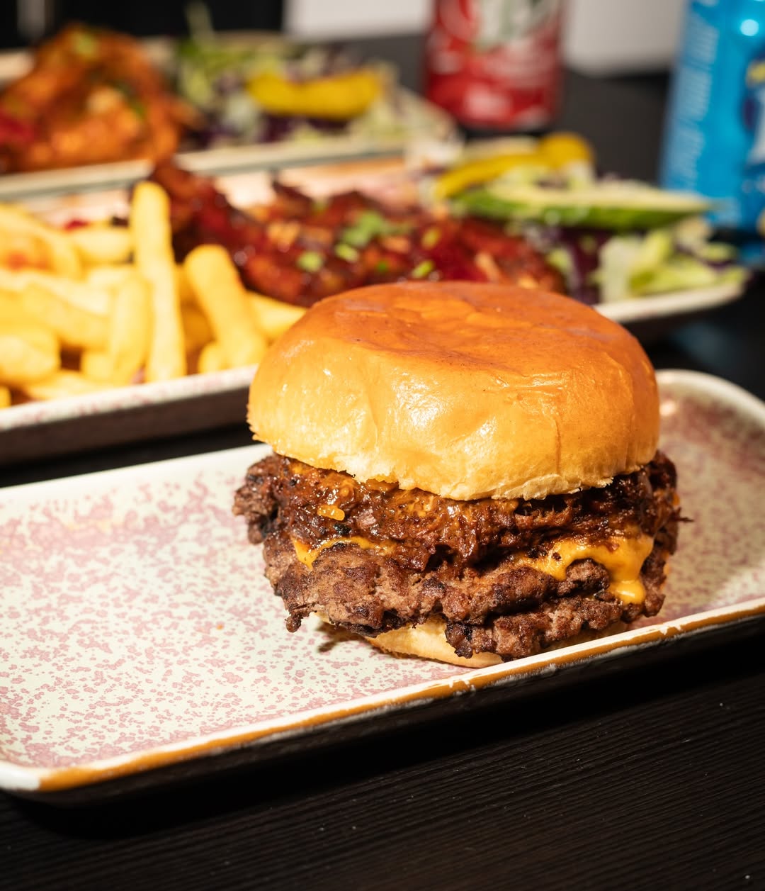 the birria 🍔 burger, soft pulled beef cooked in spices for 4 hours, to become tender & juicy, l