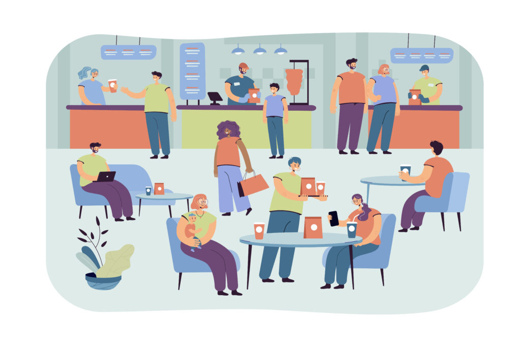 positive people eating in cafe isolated flat vector illustration