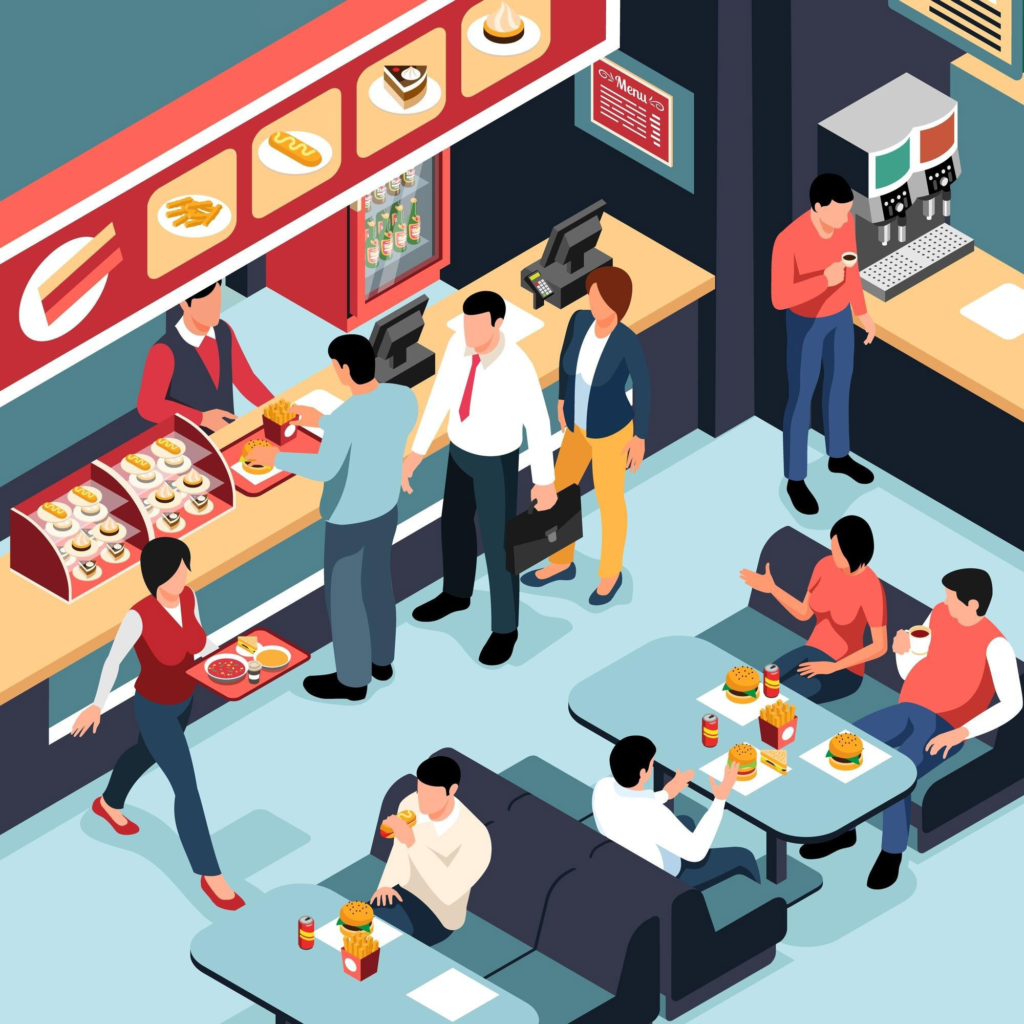 isometric food court area interior with people walking with tray eating burgers making orders vector illustration